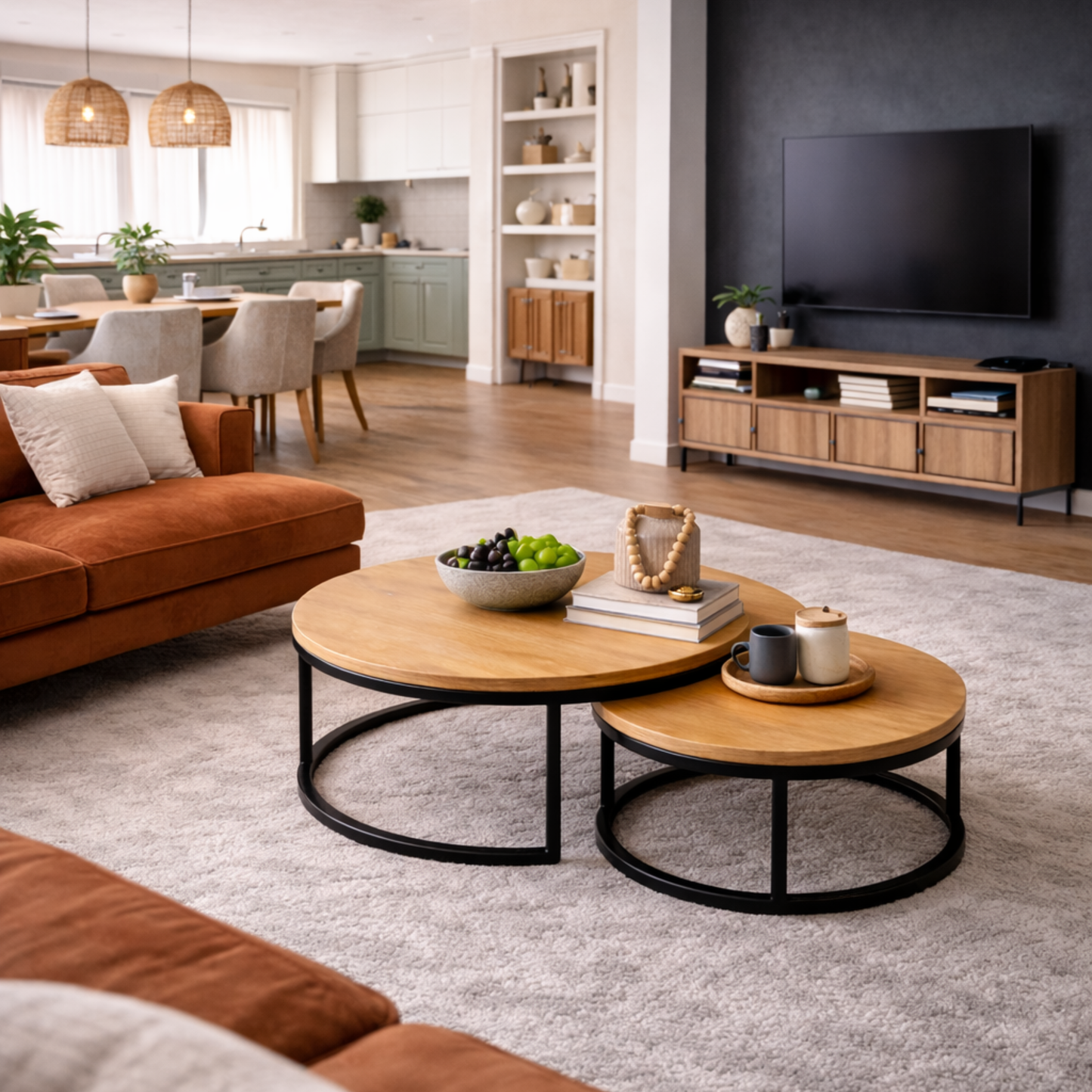 Table basse gigogne effet bois – lot de 2 tables rondes – structure métal noir