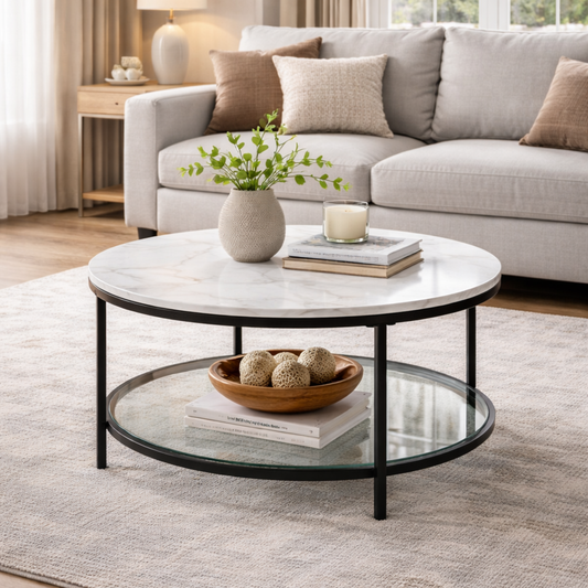 Table basse ronde effet marbre blanc – étagère en verre – structure métal noir