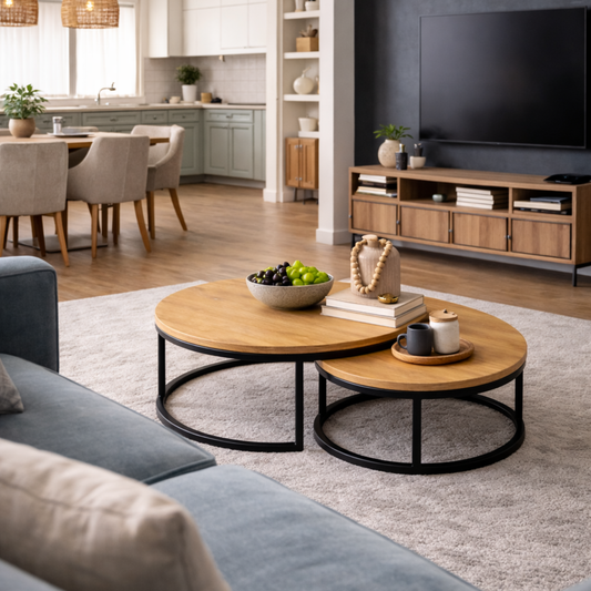 Table basse gigogne effet bois – lot de 2 tables rondes – structure métal noir