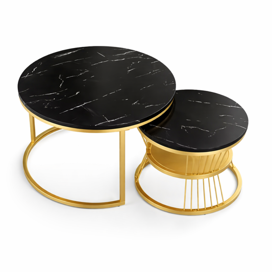 Table basse gigogne ronde effet marbre noir – lot de 2 – structure métal doré