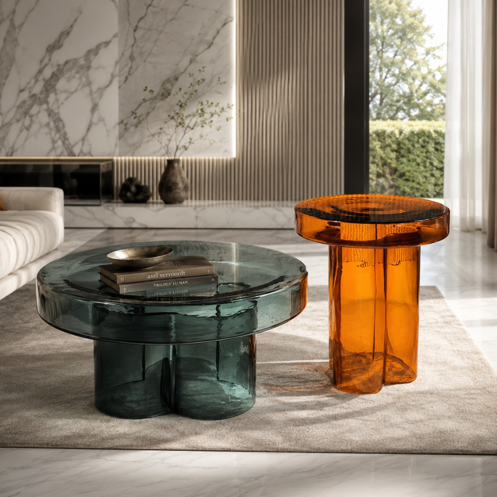 Table basse en verre ronde faite main — design nordique coloré