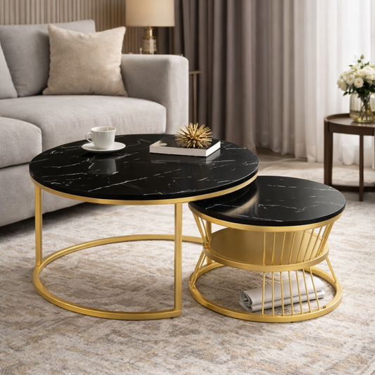 Table basse gigogne ronde effet marbre noir – lot de 2 – structure métal doré