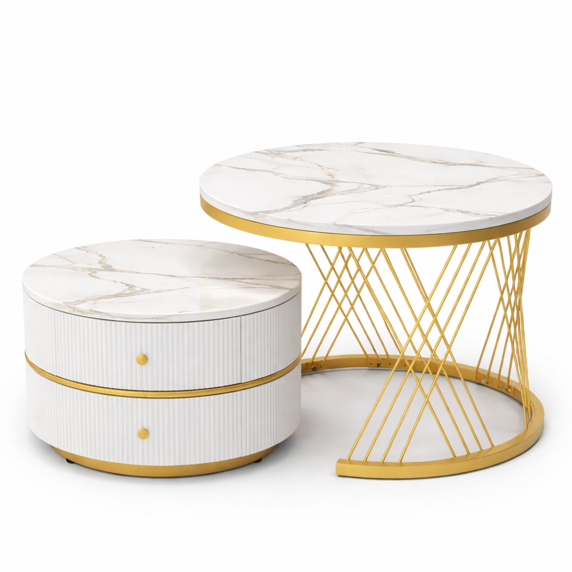 Tables basses gigognes rondes effet marbre blanc – table rangement 2 tiroirs – métal doré