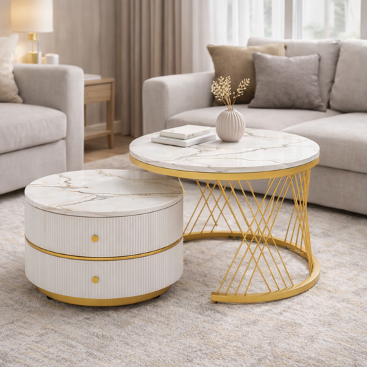 Tables basses gigognes rondes effet marbre blanc – table rangement 2 tiroirs – métal doré