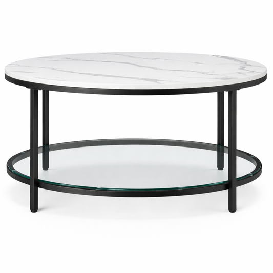 Table basse ronde effet marbre blanc – étagère en verre – structure métal noir