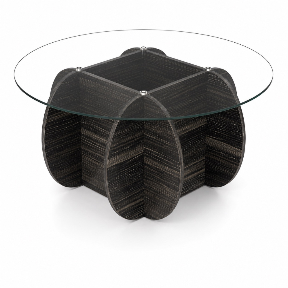 Table basse en verre trempé ronde, base bois massif noir