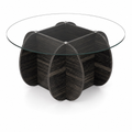 Table basse en verre trempé ronde, base bois massif noir