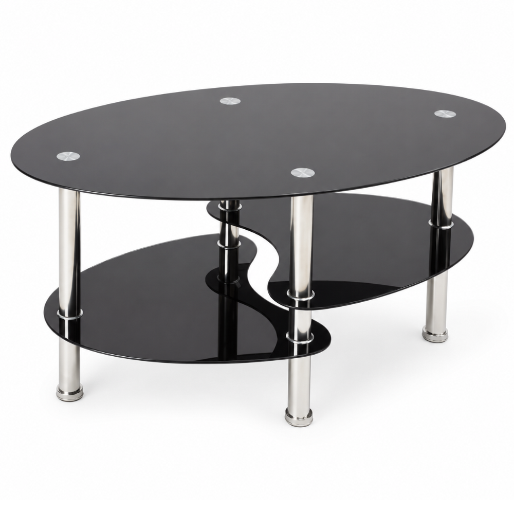 Table basse en verre ovale noir — 3 niveaux et pieds chromés
