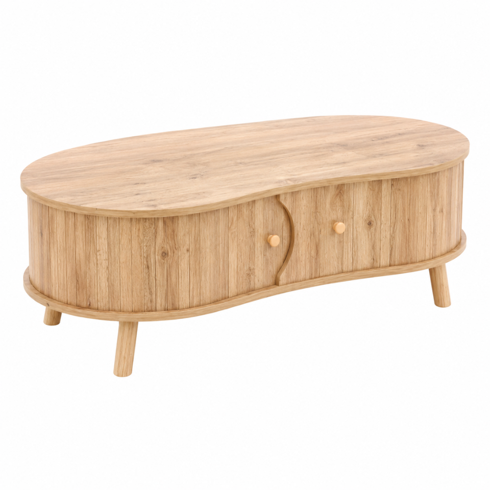 Table basse bois forme organique — portes coulissantes et façade rainurée