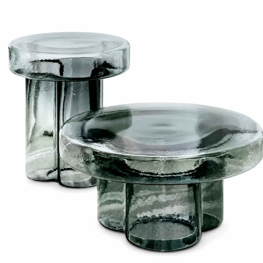 Table basse en verre ronde faite main — design nordique coloré