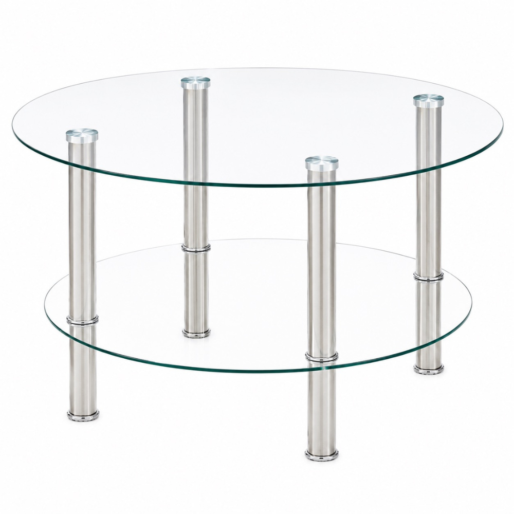 Table basse en verre ronde — 2 niveaux et pieds métal argenté