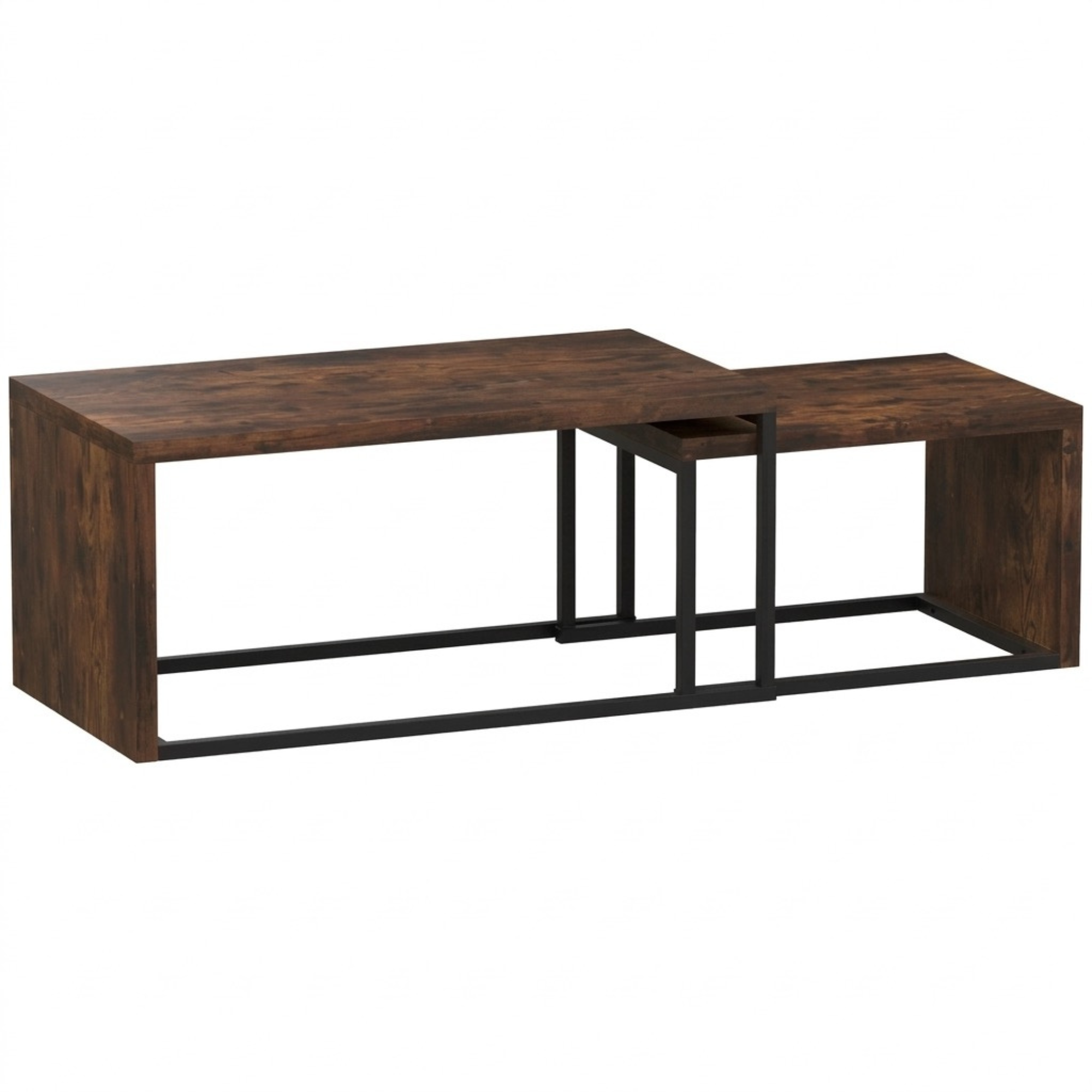 Table basse gigogne rectangulaire effet bois – lot de 2 tables avec structure métal noir