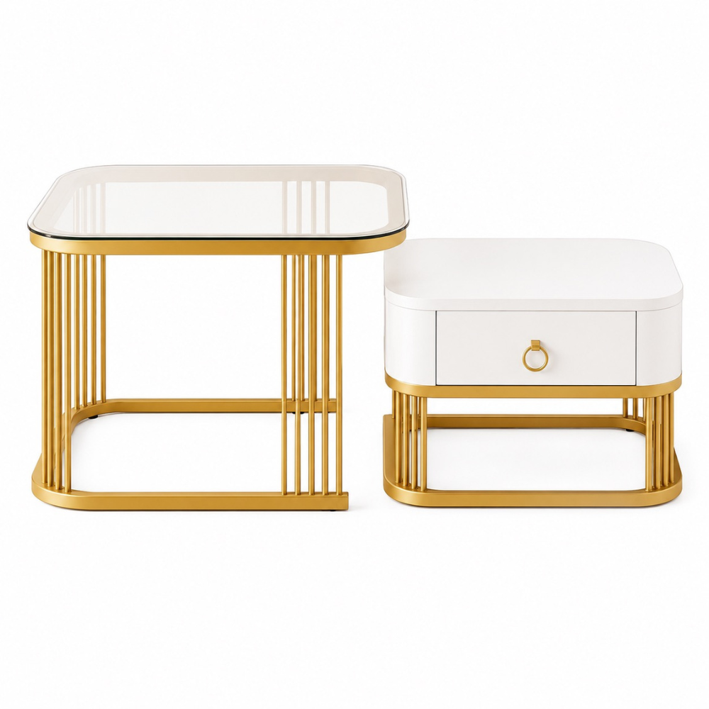 Table basse gigogne en verre et effet marbre carrée dorée 2 pièces