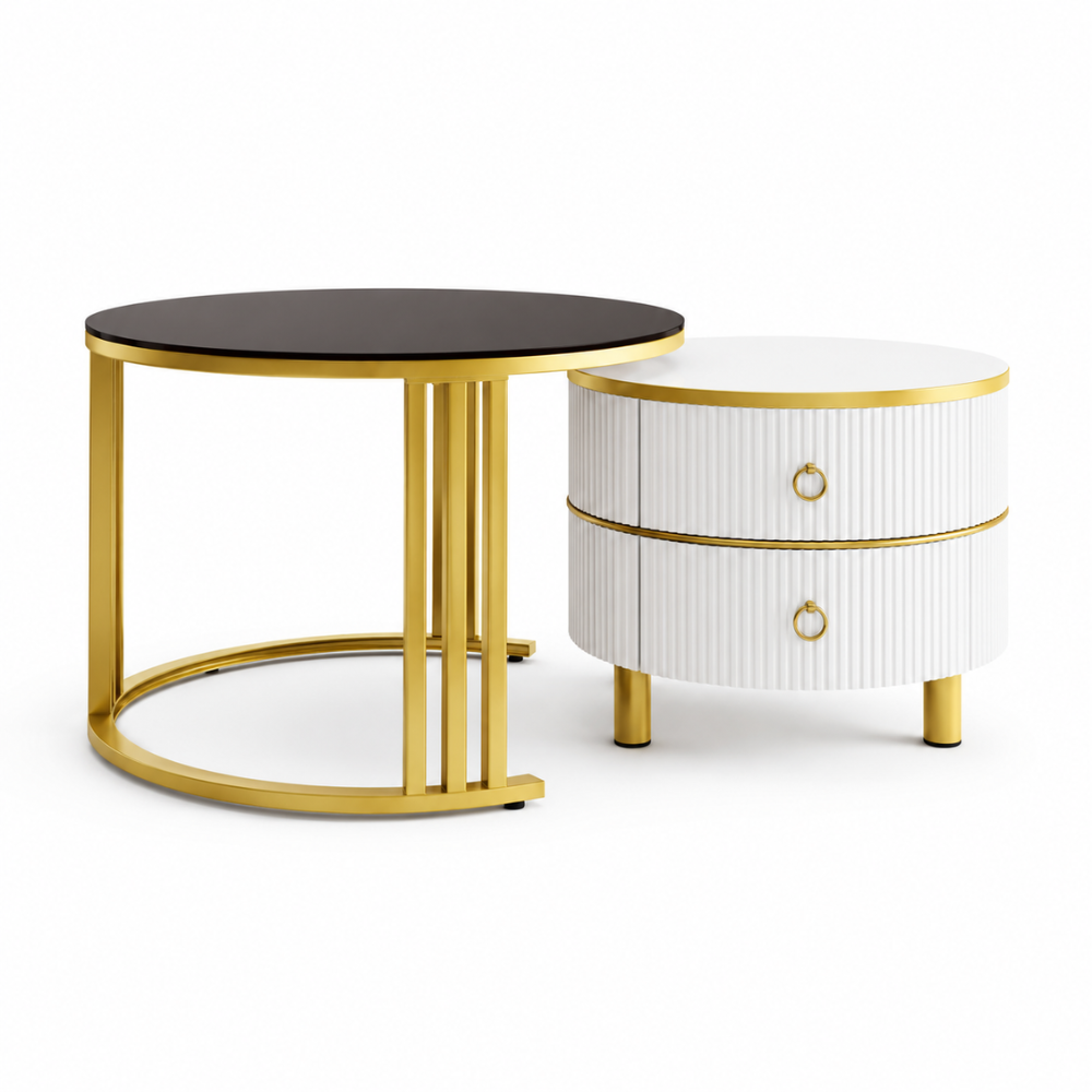Table basse gigogne en verre trempé ronde 2-en-1 à tiroirs