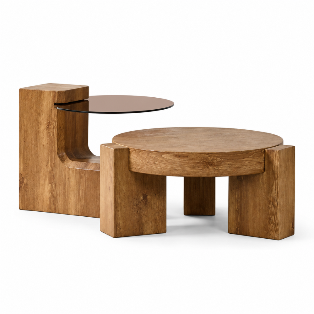 Table basse en verre et bois — ensemble modulable 2 tables, design rond