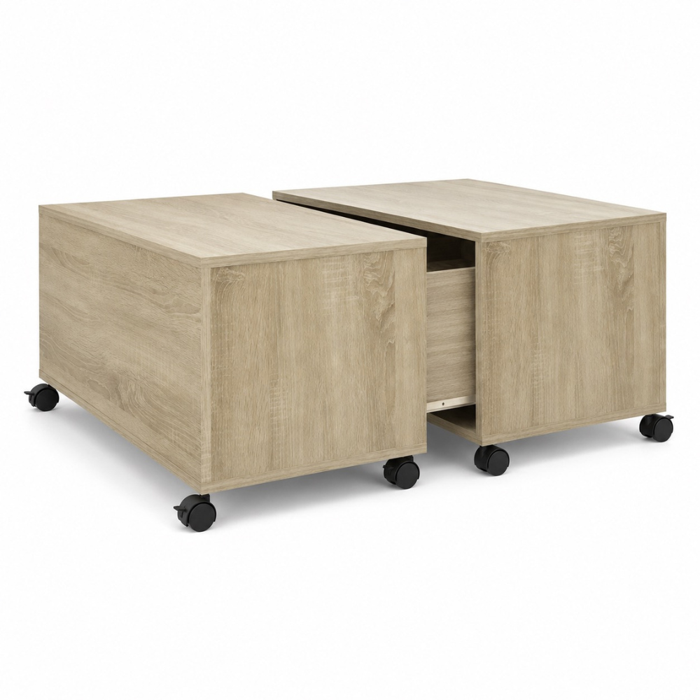 Table basse bois carrée chêne Sonoma — roulettes et rangement 75 cm