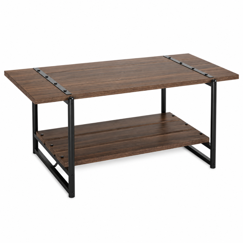 Table basse bois style ferme — plateau à lattes et cadre métal noir