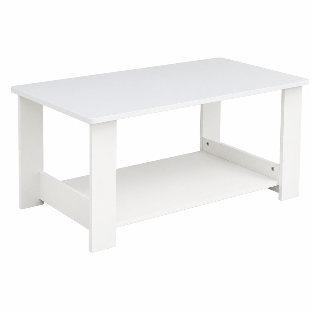 Table basse bois blanche — étagère ouverte 2 niveaux et grain de bois