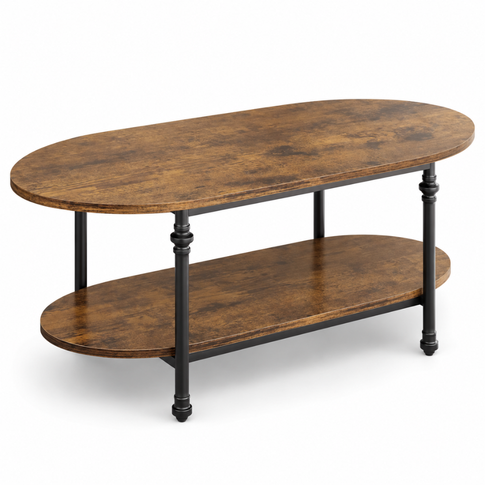 Table basse bois ovale 2 niveaux — pieds colonne en métal noir