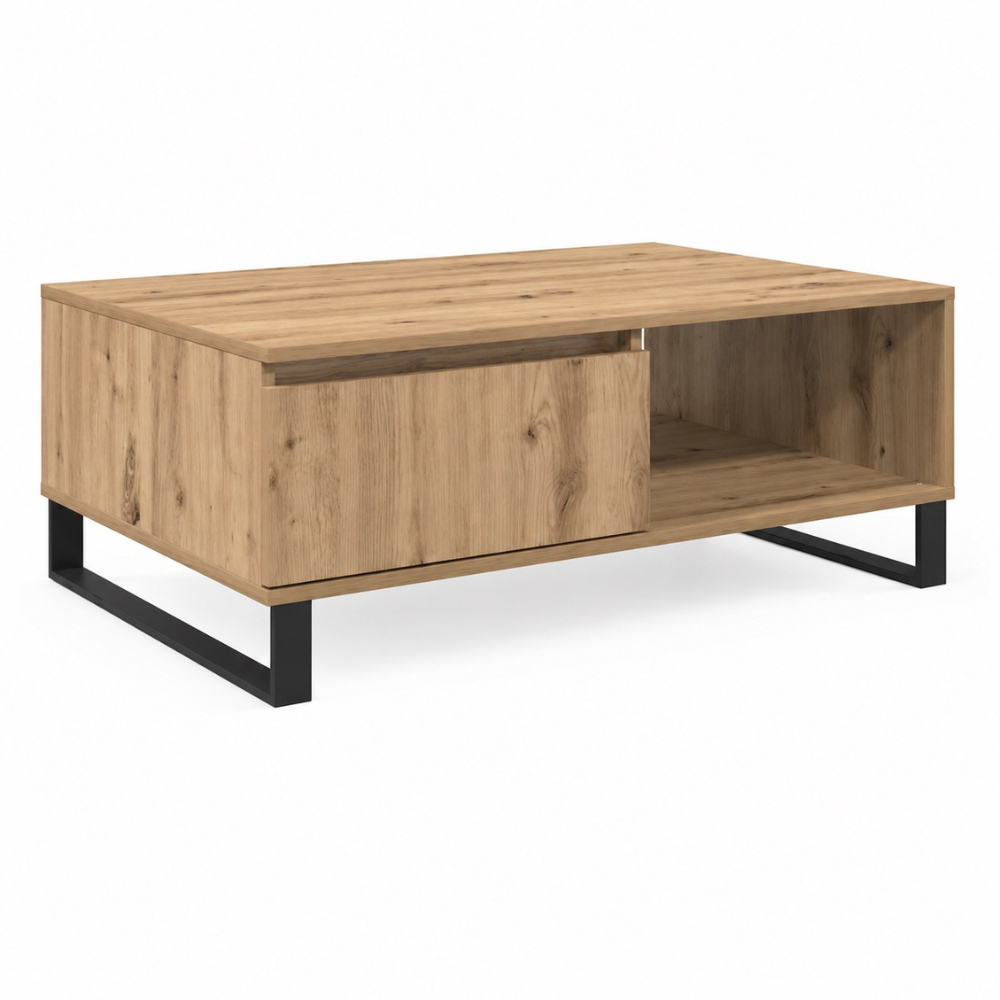 Table basse bois chêne artisan rectangulaire avec étagère 90 cm