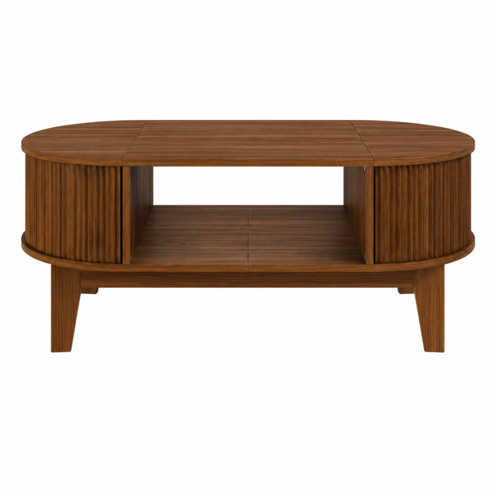 Table basse bois ovale finition noyer — double rangement dissimulé