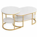 Table basse gigogne effet marbre dorée — ovale et ronde, 2-en-1