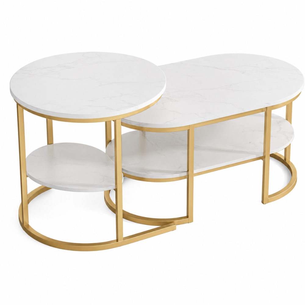 Table basse gigogne effet marbre dorée — ovale et ronde, 2-en-1