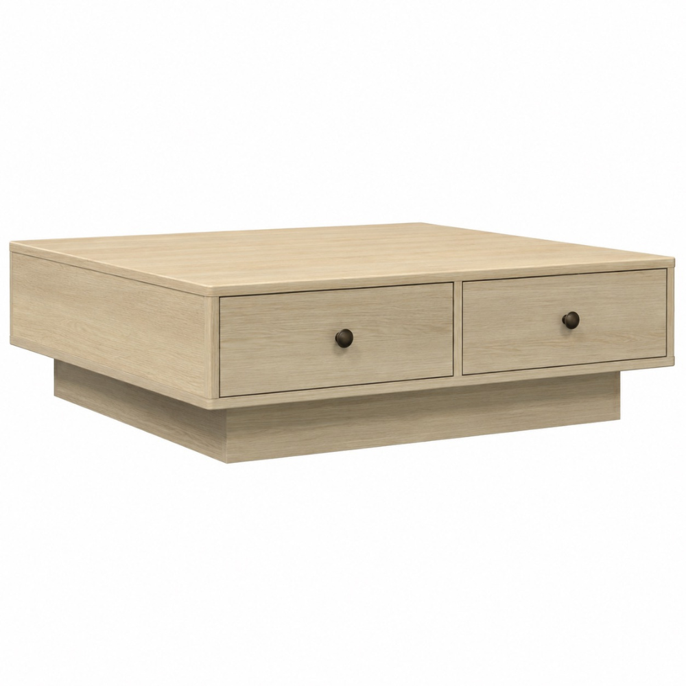 Table basse bois chêne sonoma — plateau carré 90 cm et 2 tiroirs