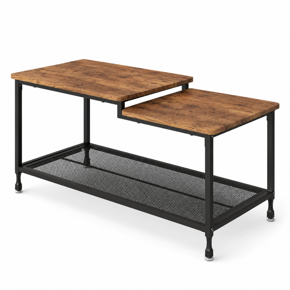 Table basse bois rectangulaire industrielle — étagère ventilée en métal