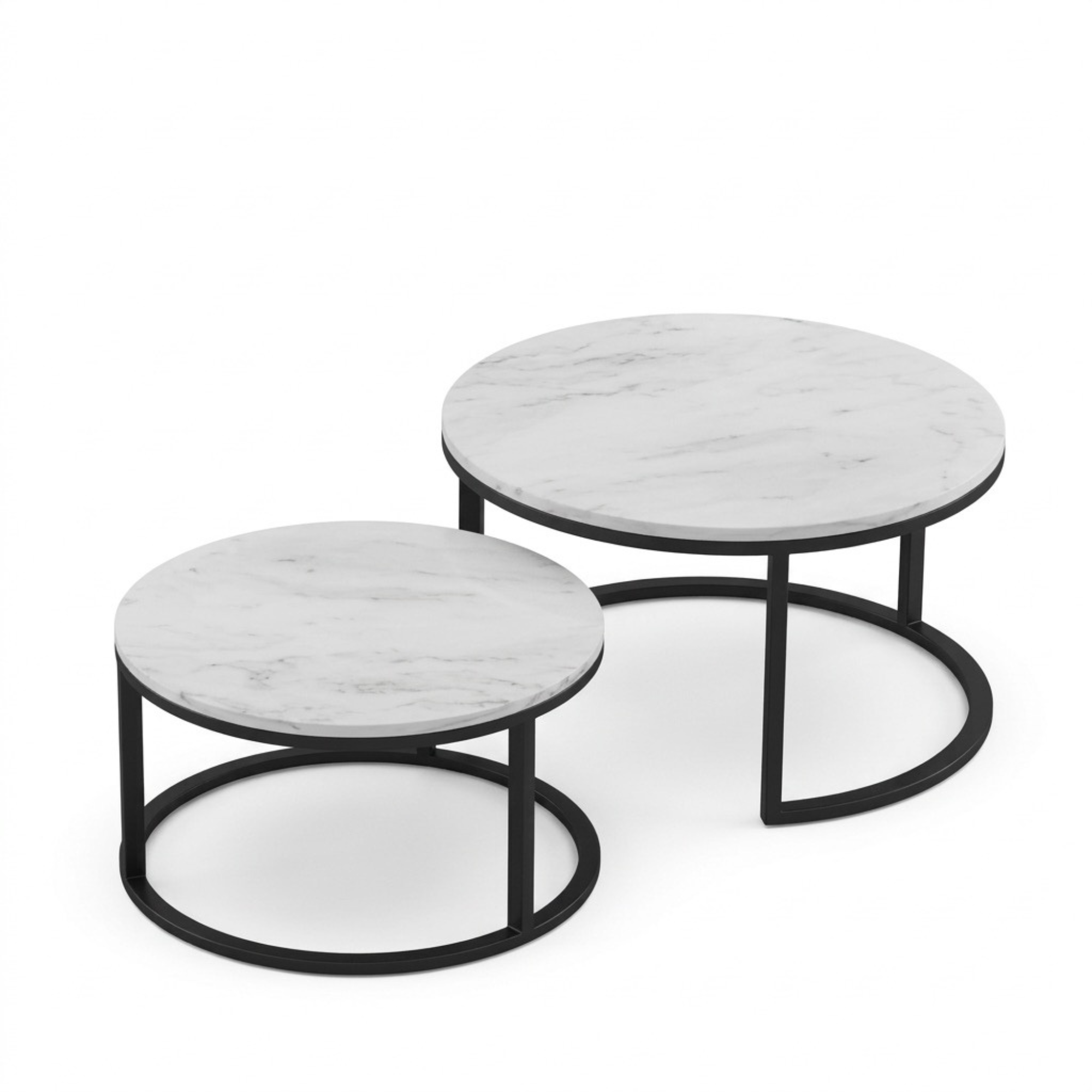 Table basse ronde gigogne effet marbre – 2 niveaux – métal noir
