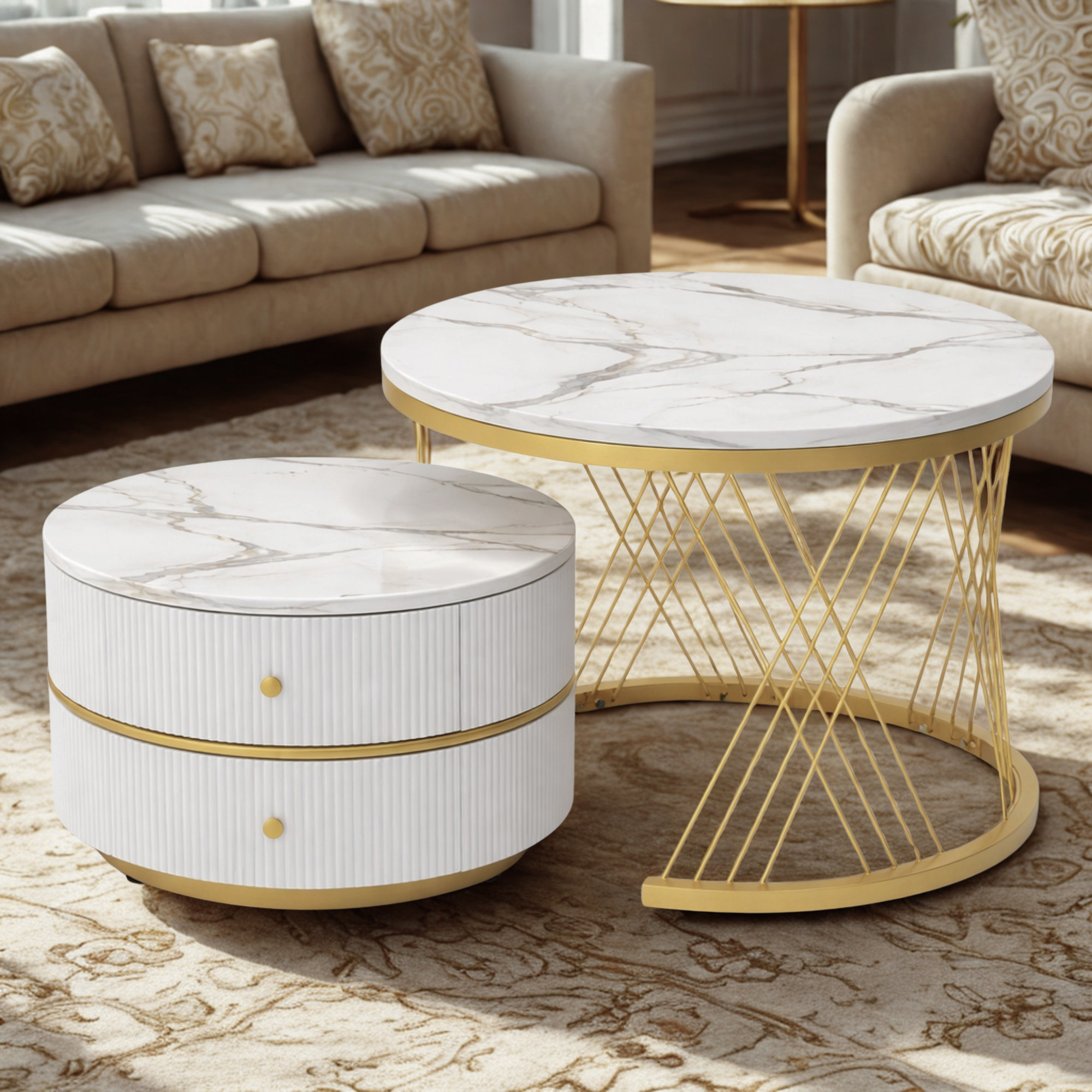 Tables basses gigognes rondes effet marbre blanc – table rangement 2 tiroirs – métal doré