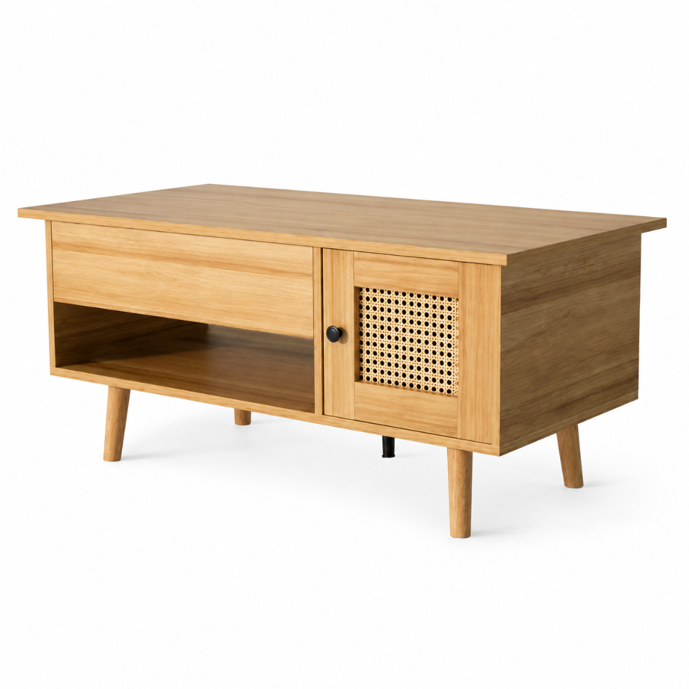 Table basse bois plateau relevable — porte rotin et accents noirs