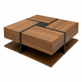 Table basse bois carrée — 4 tiroirs coulissants et design géométrique