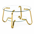 Table basse en verre trempé ronde, pieds dorés – 2 plateaux