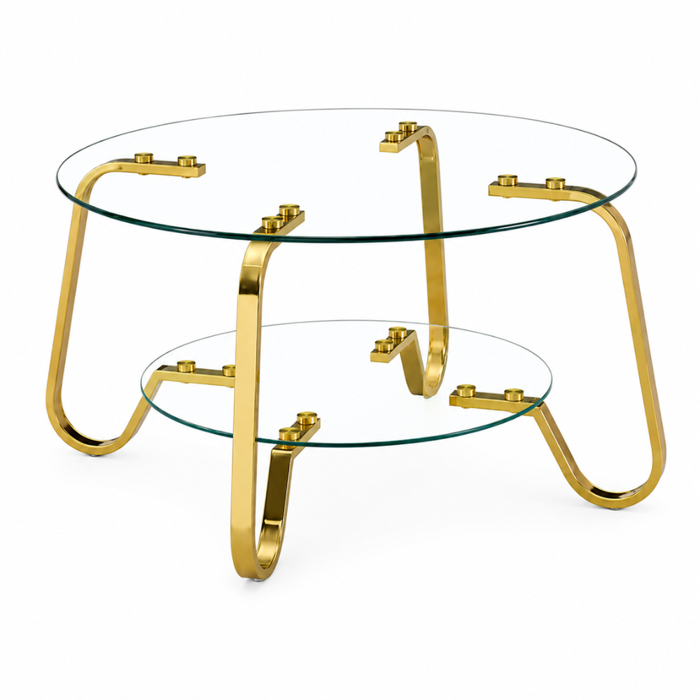 Table basse en verre trempé ronde, pieds dorés – 2 plateaux