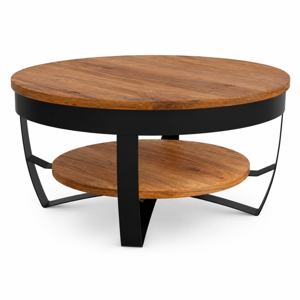Table basse bois massif d'acacia — plateau rond 65 cm et base acier