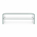Table basse en verre courbé — design monobloc et étagère transparente