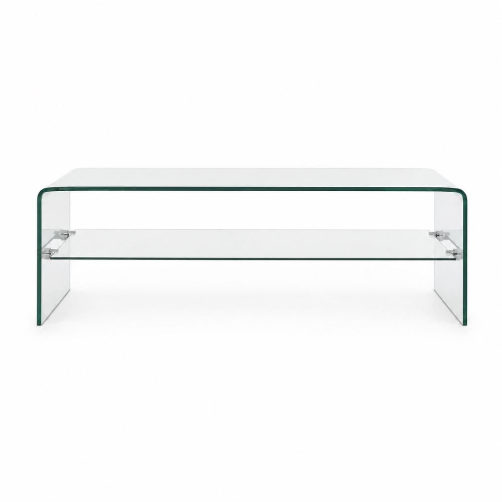 Table basse en verre courbé — design monobloc et étagère transparente