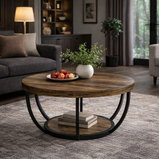 Table basse ronde effet bois – double plateau – structure métal noir