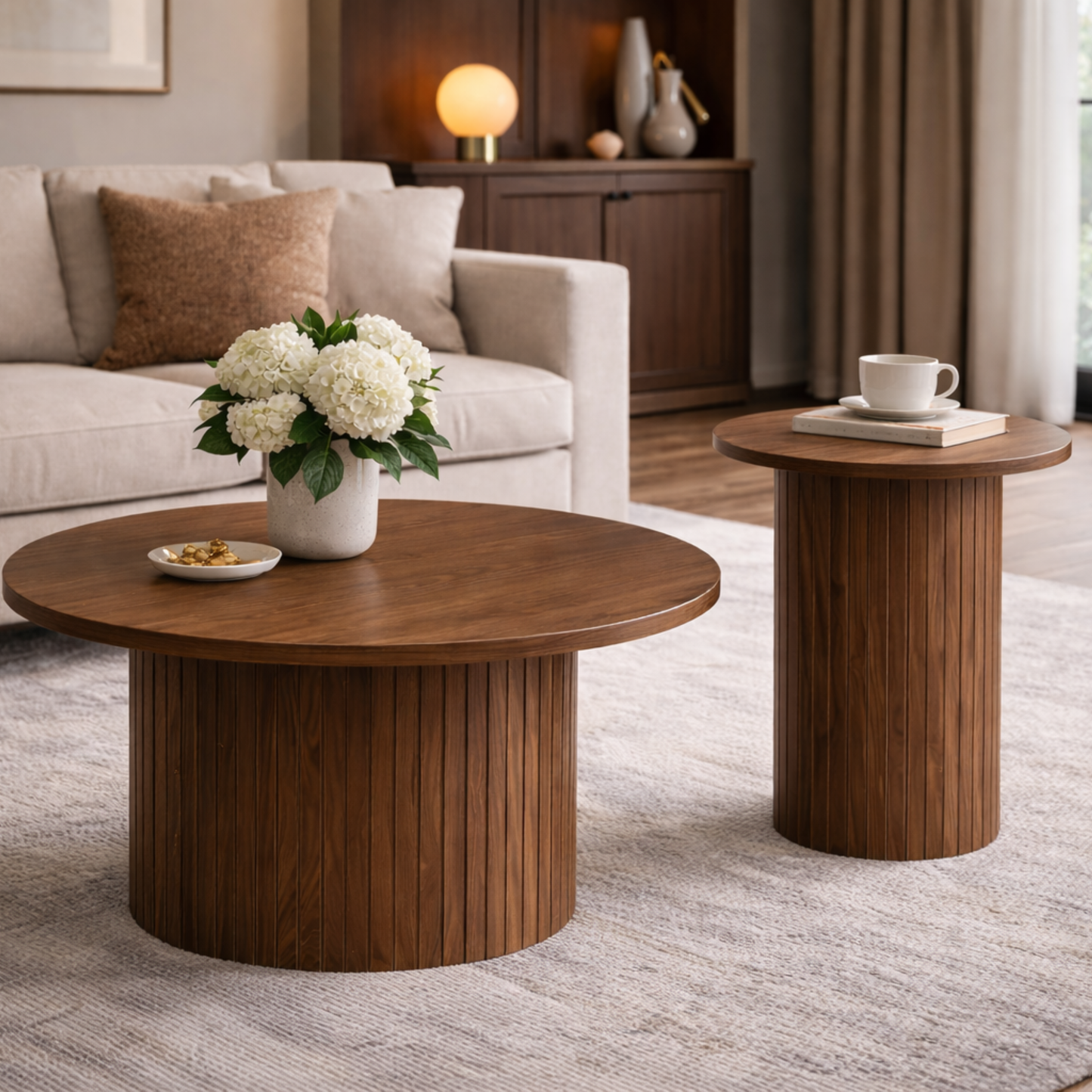 Tables basses gigognes rondes effet bois – lot de 2 – piètement colonne rainurée