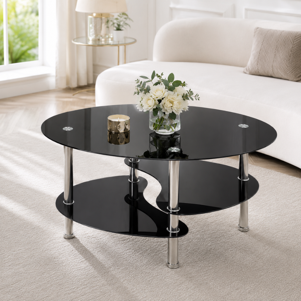 Table basse en verre ovale noir — 3 niveaux et pieds chromés