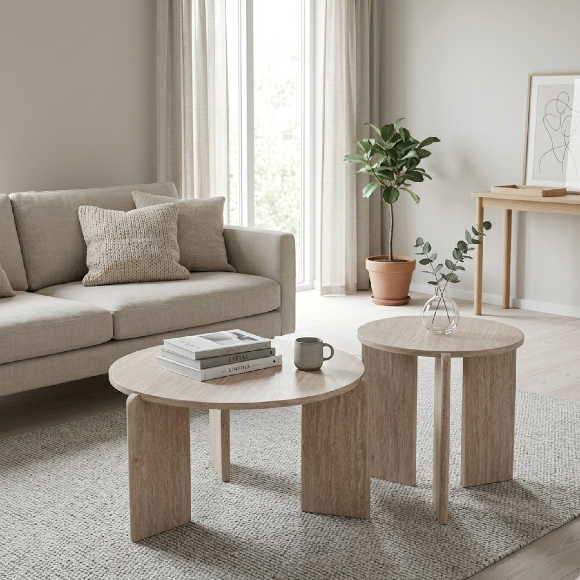 Table basse gigogne effet bois – lot de 2 tables rondes – style nordique