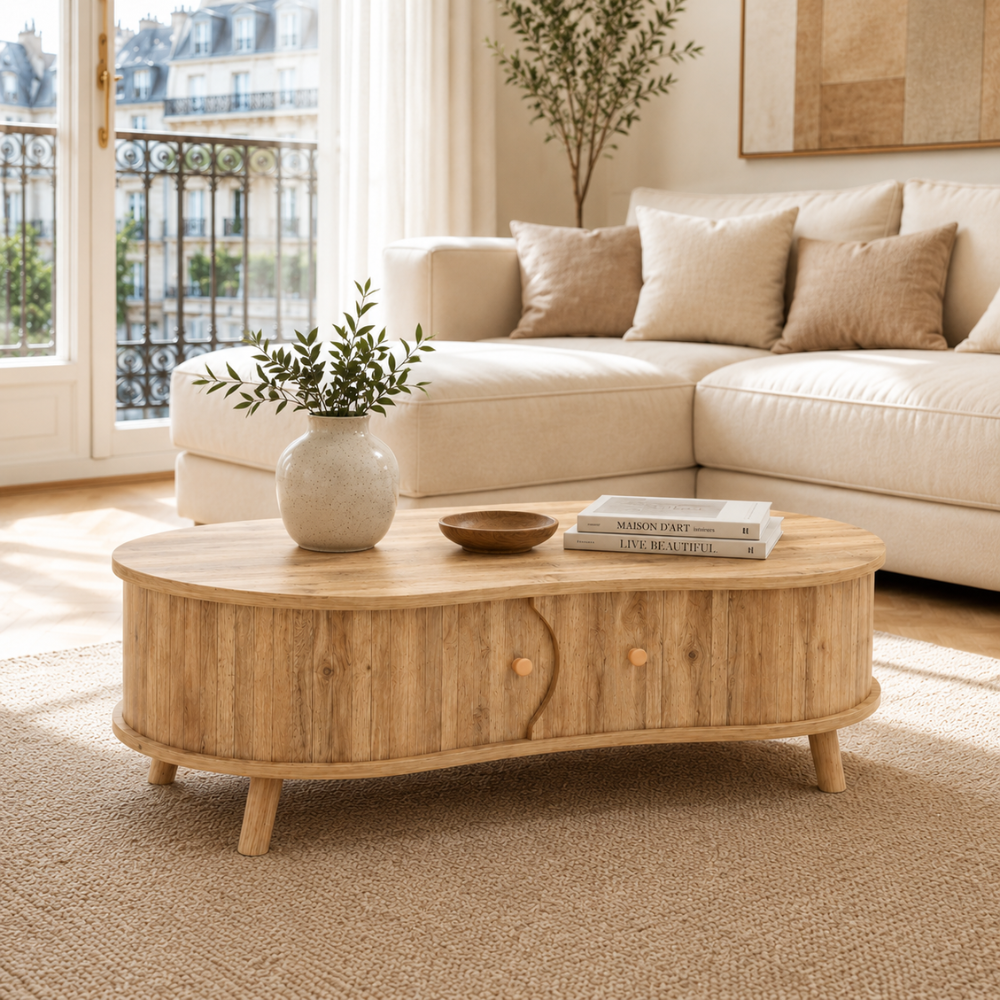 Table basse bois forme organique — portes coulissantes et façade rainurée