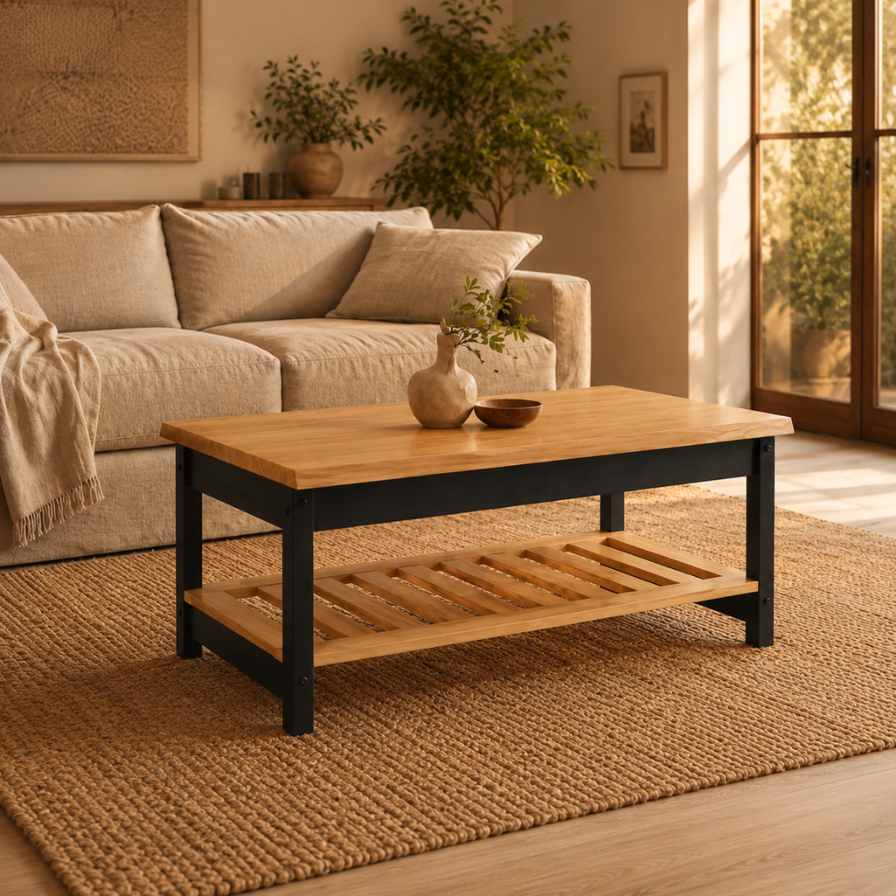 Table basse en bois de pin massif noir avec rangement