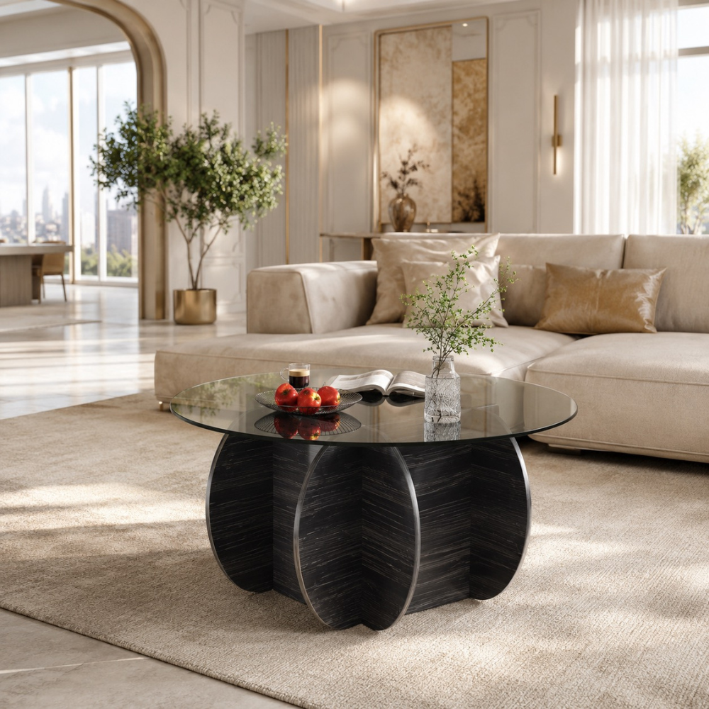 Table basse en verre trempé ronde, base bois massif noir