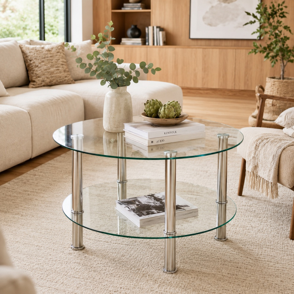 Table basse en verre ronde — 2 niveaux et pieds métal argenté