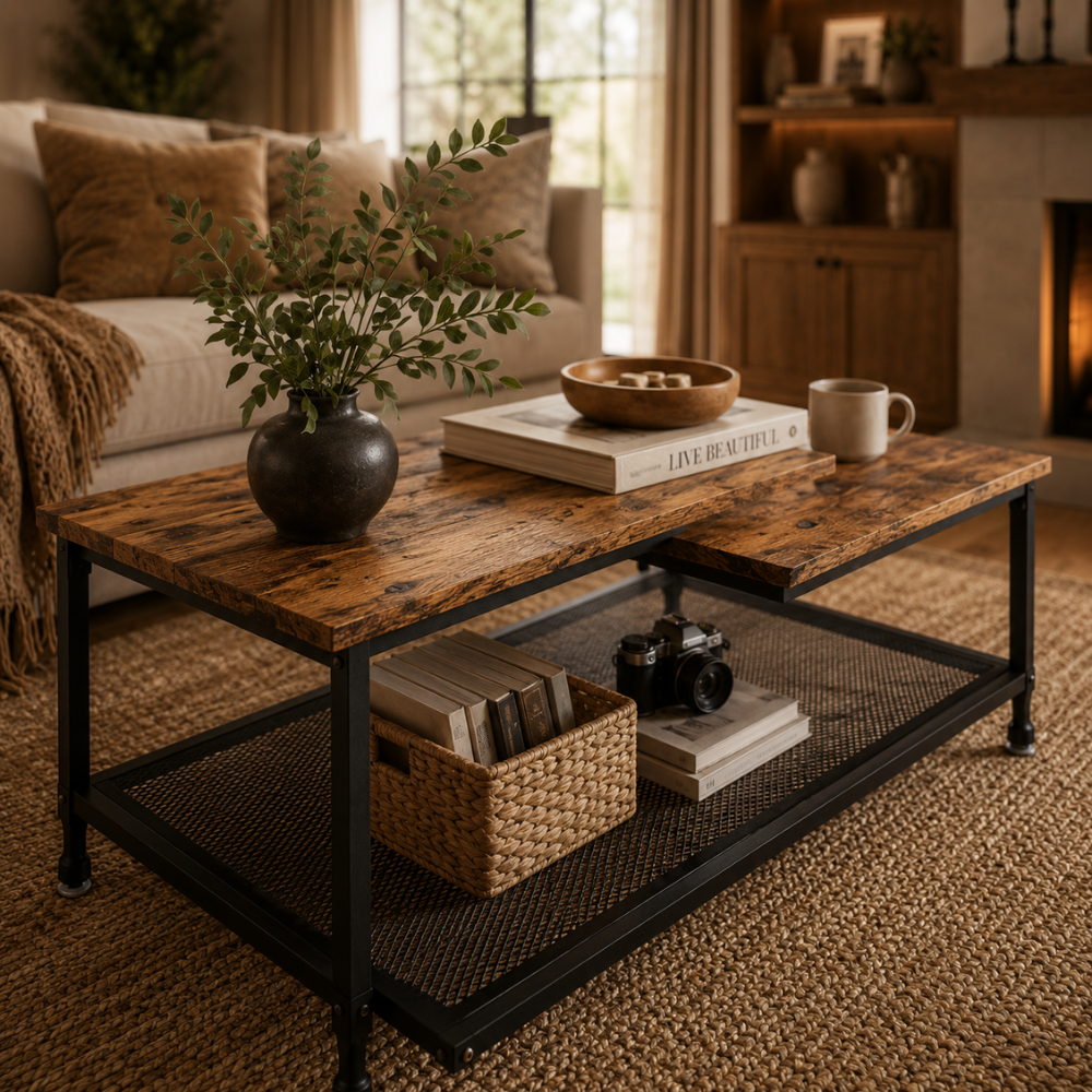 Table basse bois rectangulaire industrielle — étagère ventilée en métal