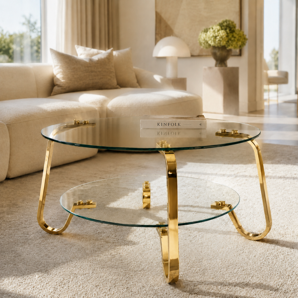 Table basse en verre trempé ronde, pieds dorés – 2 plateaux