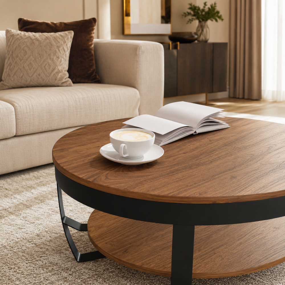 Table basse bois massif d'acacia — plateau rond 65 cm et base acier