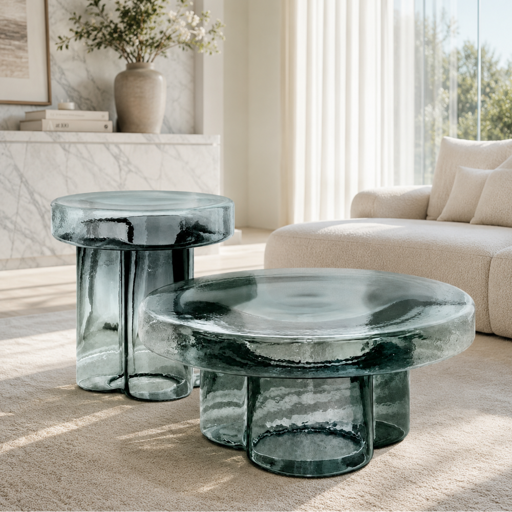 Table basse en verre ronde faite main — design nordique coloré